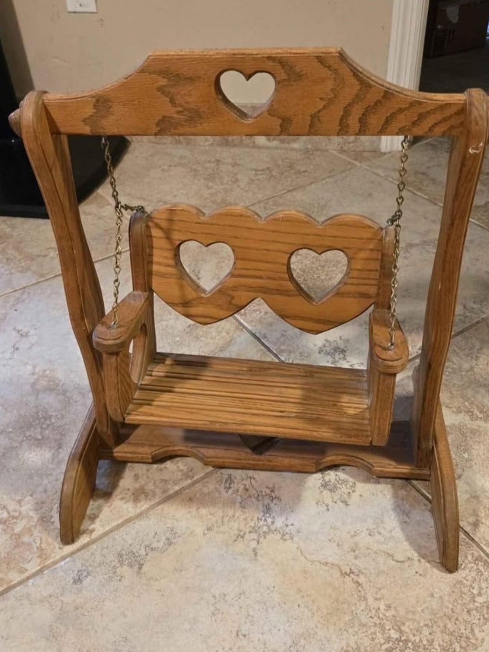 Vtg Wooden Heart Doll Swing in Natural Oak Tone